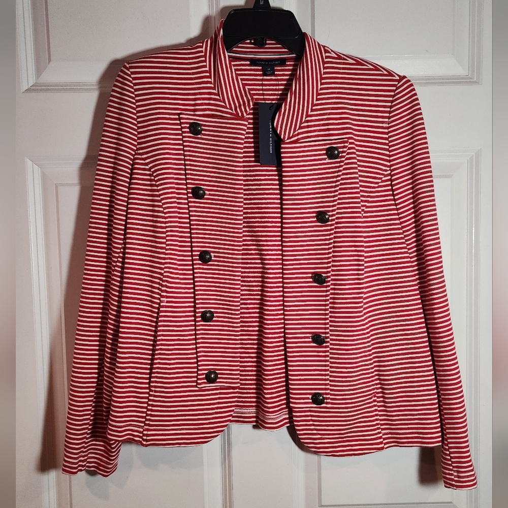 NWT Tommy Hilfiger Red and White Striped Double-breasted Military-style Blazer M